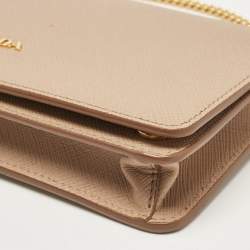 Pre Owned Prada Beige Saffiano Leather Flap Wallet On Chain
