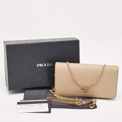 Pre Owned Prada Beige Saffiano Leather Flap Wallet On Chain