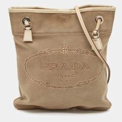 Pre Owned Prada Beige Canvas Jacquard Logo Crossbody Bag