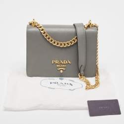Pre Owned Prada Grey Saffiano Leather Logo Flap Crossbody Bag
