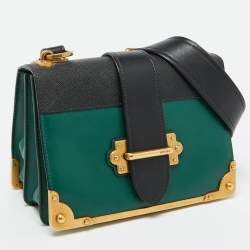 Pre Owned Prada Green/Black Leather Cahier Flap Shoulder Bag