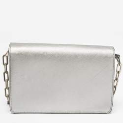 Prada Silver Saffiano Lux Leather Flap Chain Clutch