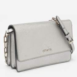 Prada Silver Saffiano Lux Leather Flap Chain Clutch