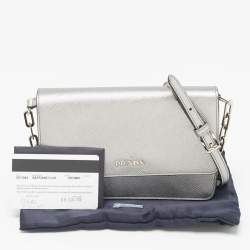 Prada Silver Saffiano Lux Leather Flap Chain Clutch