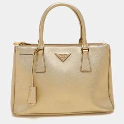 Prada Gold Saffiano Lux Leather Small Double Zip Tote