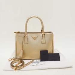 Prada Gold Saffiano Lux Leather Small Double Zip Tote