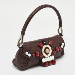 Pre Owned Prada Dark Brown Ostrich Struzzo Bar Bag