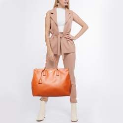 Pre Owned Prada Orange Saffiano Lux Leather Executive Double Zip Tote