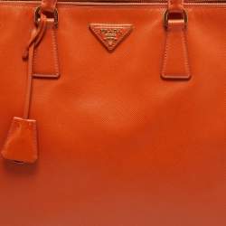 Pre Owned Prada Orange Saffiano Lux Leather Executive Double Zip Tote