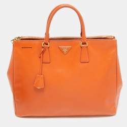 Pre Owned Prada Orange Saffiano Lux Leather Executive Double Zip Tote