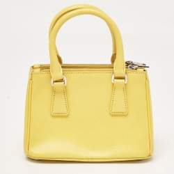 Pre Owned Prada Yellow Saffiano Lux Leather Mini Double Zip Tote