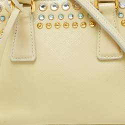 Pre Owned Prada Cream Saffiano Patent Leather Crystal Embellished Pyramid Frame Satchel