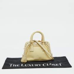 Pre Owned Prada Cream Saffiano Patent Leather Crystal Embellished Pyramid Frame Satchel