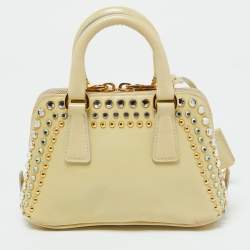 Pre Owned Prada Cream Saffiano Patent Leather Crystal Embellished Pyramid Frame Satchel