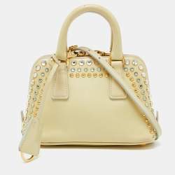 Pre Owned Prada Cream Saffiano Patent Leather Crystal Embellished Pyramid Frame Satchel