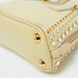 Pre Owned Prada Cream Saffiano Patent Leather Crystal Embellished Pyramid Frame Satchel