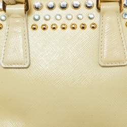 Pre Owned Prada Cream Saffiano Patent Leather Crystal Embellished Pyramid Frame Satchel
