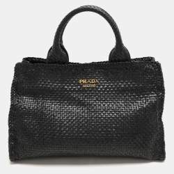 Pre Owned Prada Black Woven Leather Madras Tote
