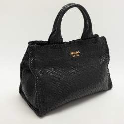 Pre Owned Prada Black Woven Leather Madras Tote