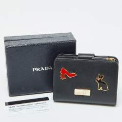 Prada Black Saffiano Leather Rabbit Charm Embellished Compact Wallet