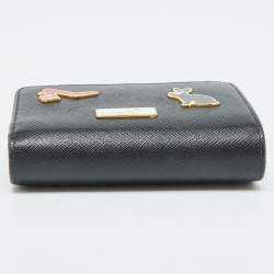 Prada Black Saffiano Leather Rabbit Charm Embellished Compact Wallet