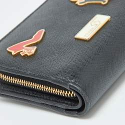 Prada Black Saffiano Leather Rabbit Charm Embellished Compact Wallet