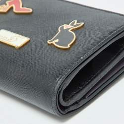 Prada Black Saffiano Leather Rabbit Charm Embellished Compact Wallet