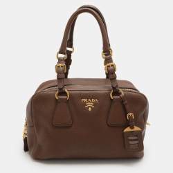 Pre Owned Prada Brown Pebbled Leather Bauletto Satchel