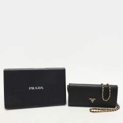 Pre Owned Prada Black Saffiano Lux Leather Oro Chain Wallet On chain