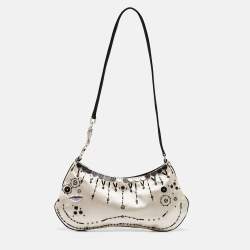 Prada Beige/Black Satin Embellished Baguette Bag
