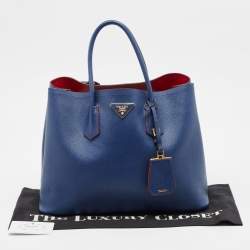 Pre Owned Prada Navy Blue Saffiano Cuir Leather Medium Double Handle Tote
