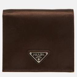 Pre Owned Prada Dark Brown Satin Triangle Logo Compact Bifold Wallet