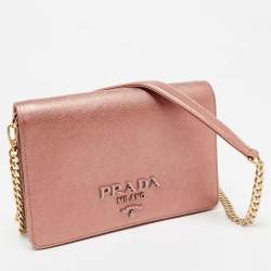 Prada Rose Gold Saffiano Lux Leather Flap Clutch Bag