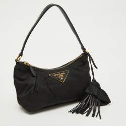 Pre Owned Prada Black Nylon and Leather Tassel Triangle Logo Shoulder Bag