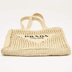 Pre Owned Prada Natural Straw Crochet Logo Vertical Tote