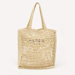 Pre Owned Prada Natural Straw Crochet Logo Vertical Tote