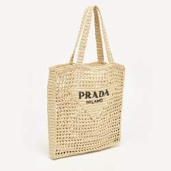 Pre Owned Prada Natural Straw Crochet Logo Vertical Tote
