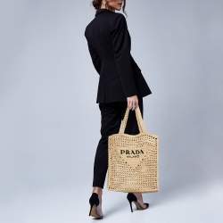 Pre Owned Prada Natural Straw Crochet Logo Vertical Tote