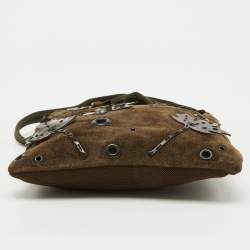 Pre Owned Prada Olive Green Suede Vintage Romantic Leaves Crossbody Bag