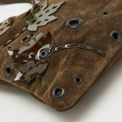 Pre Owned Prada Olive Green Suede Vintage Romantic Leaves Crossbody Bag