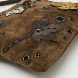 Pre Owned Prada Olive Green Suede Vintage Romantic Leaves Crossbody Bag