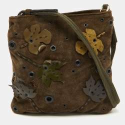 Pre Owned Prada Olive Green Suede Vintage Romantic Leaves Crossbody Bag