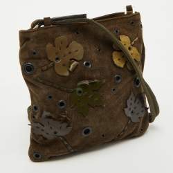 Pre Owned Prada Olive Green Suede Vintage Romantic Leaves Crossbody Bag
