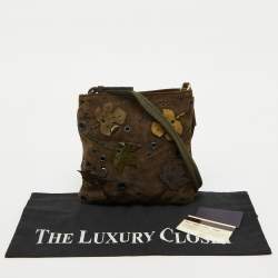 Pre Owned Prada Olive Green Suede Vintage Romantic Leaves Crossbody Bag