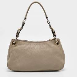 Prada Grey Vitello Daino Leather Logo Hobo