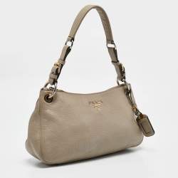 Prada Grey Vitello Daino Leather Logo Hobo