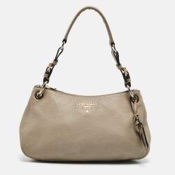 Prada Grey Vitello Daino Leather Logo Hobo