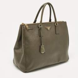 Pre Owned Prada Olive Green Saffiano Leather Extra Large Double Zip Tote