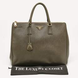 Pre Owned Prada Olive Green Saffiano Leather Extra Large Double Zip Tote