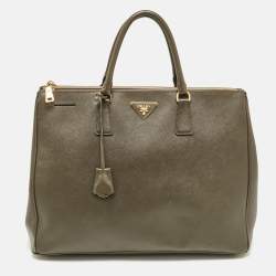 Pre Owned Prada Olive Green Saffiano Leather Extra Large Double Zip Tote